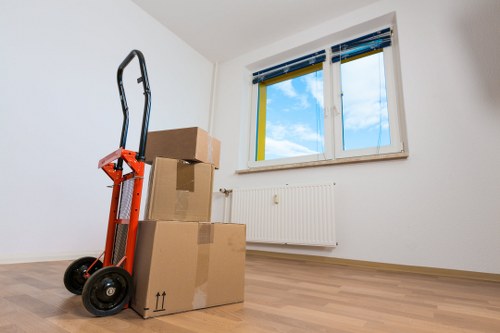 Professional movers carrying household items in a North London property